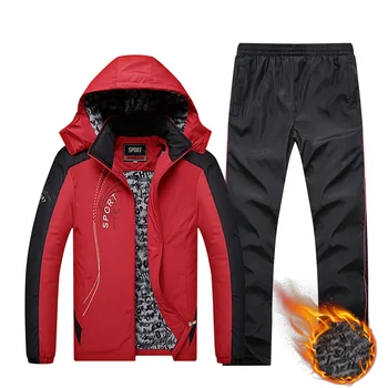 Treino de inverno Homens Engrossar Velo Jaqueta+calça de Duas peças de Roupas de Marca Definida de Pele com Capuz Sportswear Moletom agasalho