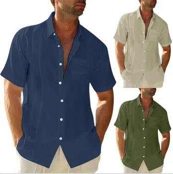 2023 Verão Gola Polo de Cor Sólida Pocket Novo Single Breasted Camisa masculina Manga Curta Camisa Casual