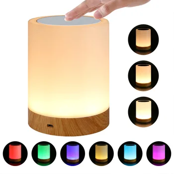 Ajustável LED sete cores criativo grão de madeira recarregável noite de luz da mesa-de-cabeceira atmosfera de luz leve toque de luz