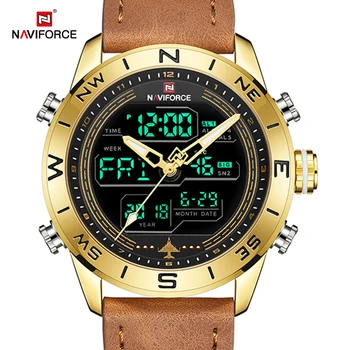 NAVIFORCE Marca de Luxo de Ouro dos Homens Relógios Militares Esporte Genuíno Couro Impermeável de Quartzo Relógios de pulso Digital com Relógio Analógico