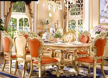 Estilo europeu mesa de jantar, tudo em madeira maciça, de 2,0 m de comprimento, mesa de jantar, bancada de mármore, champanhe, dourado mesa de jantar oval e cha