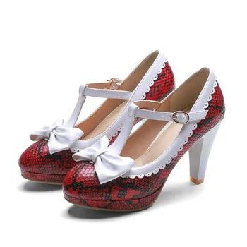 Mulheres Sapatos Mary Janes Bombas T-Cinta de Mulheres com 9cm de Saltos de Sapatos Clássicos Leopard gravata borboleta Lolita Sapatos de Festa de Casamento Sapatos de Meninas' Sapato