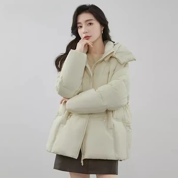 Nova Moda Outono Inverno de Mulheres com Capuz Chique Baixo Revestimento Sólido Pão Jaqueta de Senhoras Zíper Solta Curto Warm White Duck B50