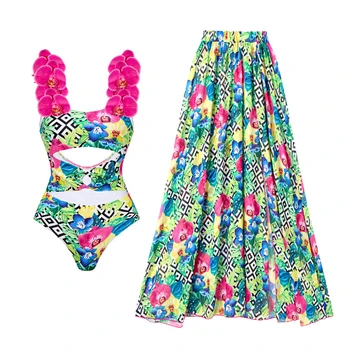 2023 Mulheres trajes de Banho 2PC Cover-up Maiô Plissado Sólido Impresso V Profundo de Uma peça de Monokini Quimono Bikini Terno de Verão, moda praia